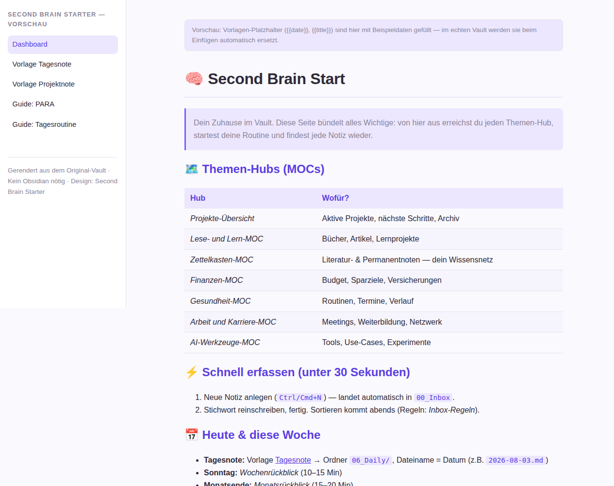 Preview of the Second Brain vault dashboard in Obsidian / Vorschau: Dashboard des Second Brain Vaults in Obsidian
